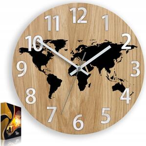 Zegar ścienny drewniany dębowy akrylowy mapa wood czarna cyfry 33cm
