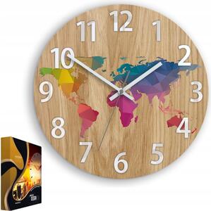 Zegar Ścienny Drewniany Dębowy Akrylowy Mapa Wood Kolorowa z Cyframi 33cm