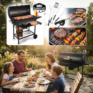 Grill Węglowy Z Przykrywą Ogrodowy Na Kołach Półki Gril Bbq