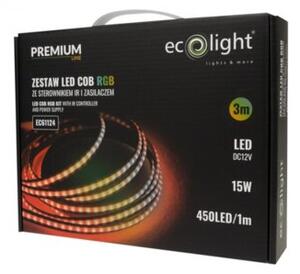 Taśma LED COB RGB 450 15W/m IP20 3m ściemnialna kolorowa zestaw ze sterownikiem i zasilaczem Ecolight