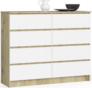 Komoda do salonu, sypialni, STILO, 8 szuflad, 120x40x99 cm, dąb artisan, biel, mat | TYLETEGOTU