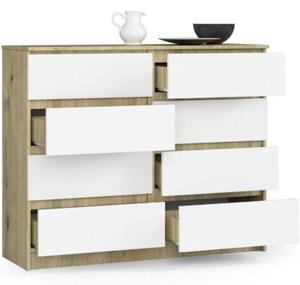 Komoda do salonu, sypialni, STILO, 8 szuflad, 120x40x99 cm, dąb artisan, biel, mat | TYLETEGOTU