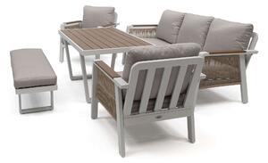 EMWOmeble Zestaw ogrodowy z aluminium PROVENCE | Biały + imitacja drewna | Beżowe poduszki