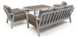 MebleMWM Zestaw ogrodowy z aluminium PROVENCE | Biały + imitacja drewna | Beżowe poduszki