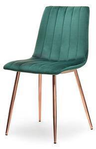 Gustowne krzesło glamour megan zielony welur z pionowymi przeszyciami na miedzianej nodze