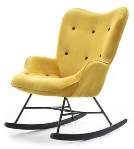 Designerski fotel bujany sibil żółty duży uszak z weluru pikowany z guzikami