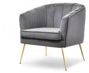 Komfortowy fotel estel szary welurowy glamour z przeszyciami na złotej nodze