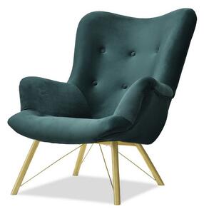 Welurowy fotel dalton zielony pikowany uszak glamour na designerskiej złotej nodze