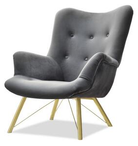 Pikowany fotel dalton szary uszak glamour z weluru na designerskiej złotej nodze