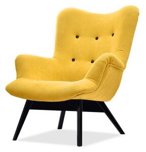 Designerski fotel flori żółty uszak z pikowanej tkaniny na czarnej nodze z drewna