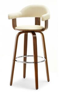 Eleganckie krzesło barowe obracane nr 37 kremowe skórzane z drewna orzech