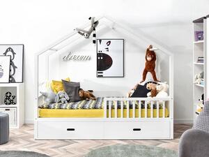 Łóżko dziecięce home biały domek z naturalnego drewna z szufladami i barierkami