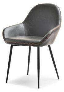 Loftowe krzesło gemma szare kubełkowe ze skóry vintage z przeszyciami na czarnej nodze ze stali