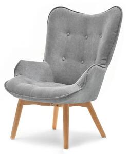 Wygodny fotel pikowany nuria z szarej tkaniny z guzikami i drewna buk