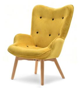 Przytulny uszak nuria żółty fotel z weluru i bukowego drewna