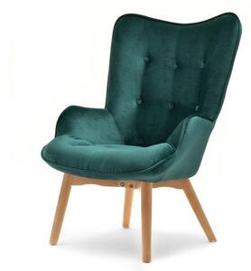 Welurowy fotel z pikowaniem nuria zielony na nodze buk do salonu