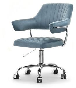 Mały fotel biurowy merlin niebieski welurowy z chromowaną podstawą na kółkach