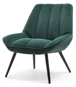 Stylowy fotel welurowy zoti zielony butelkowy z komfortowym siedziskiem na czarnej podstawie