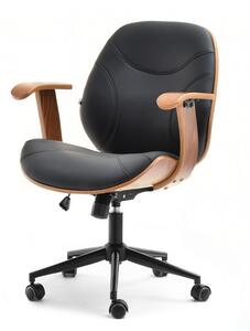 Komfortowy fotel obrotowy ray czarny z grubej skóry i drewna orzech do biura