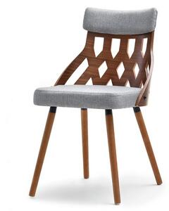 Krzesło ażurowe crabi z drewna orzech tapicerowane szarą tkaniną do jadalni
