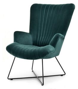 Stylowy fotel welurowy nell zielony butelkowy na metalowych płozach do salonu