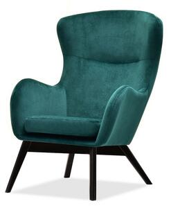 Komfortowy fotel wypoczynkowy luka zielony tapicerowany tkaniną z czarnymi nogami