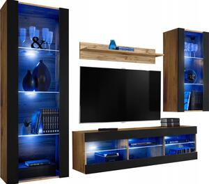 Meblościanka Dąb Wotan/Czarny LED RGB Meble RTV - Zestaw Mebli