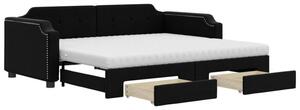 Sofa rozsuwana z szufladami, czarna, 90x190 cm, tkanina