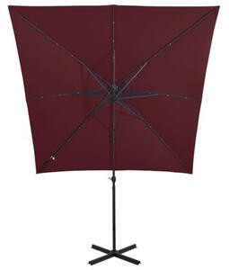 Parasol wiszący z LED i słupkiem, bordowy, 250 cm