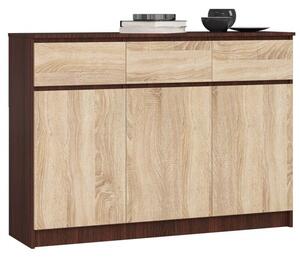 Komoda, 3 szuflady, 3 drzwi, ATLAS, 140x40x99 cm, wenge, dąb sonoma, mat | TYLETEGOTU