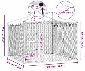 Kojec dla psa, z dachem, srebrny, 3x3x2,5 m, stal galwanizowana