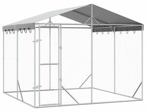 Kojec dla psa, z dachem, srebrny, 3x3x2,5 m, stal galwanizowana
