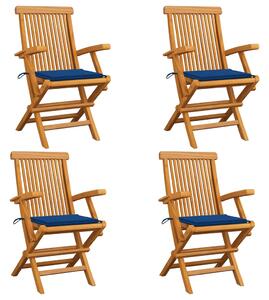Krzesła ogrodowe, kobaltowe poduszki, 4 szt., drewno tekowe