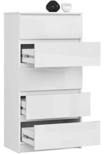 Komoda do sypialni, 5 szuflad, STILO, 60x40x121 cm, biel, połysk | TYLETEGOTU