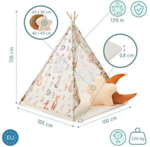 Tipi - namiot dla dziecka do pokoju z dywanem, poduszkami i światełkami LED - 135cm
