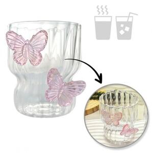 Szklanka ryflowana, z falowanymi ściankami, MOTYLKI róż 260 ML 1szt SZK161