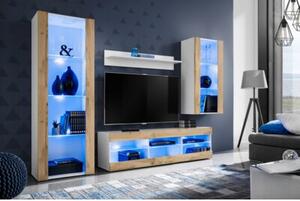 Meblościanka Biały/Dąb Wotan LED RGB Meble RTV - Zestaw Mebli