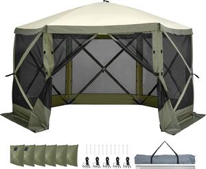 Namiot SucceBuy Pop-Up Pavilion, 6-stronna osłona przeciwsłoneczna ze zdejmowanymi panelami prywatności i siatkowymi oknami, 12x12FT Quick-Set Screen Tent z moskitierą, Army Green