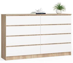Komoda do sypialni, 8 szuflad, STILO, 160x40x99 cm, dąb sonoma, biel, mat | TYLETEGOTU