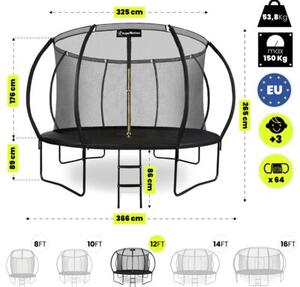 Trampolina ogrodowa XXL dla dzieci HyperMotion - 366 cm 12FT - z drabinką i siatką wewnętrzną - do domu i ogrodu - 150kg max