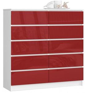 Komoda do salonu, sypialni, STILO, 10 szuflad, 120x40x121 cm, biel, czerwony, połysk | TYLETEGOTU