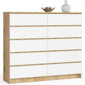 Komoda do sypialni, STILO, 10 szuflad, 140x40x121 cm, dąb artisan, biel, mat | TYLETEGOTU