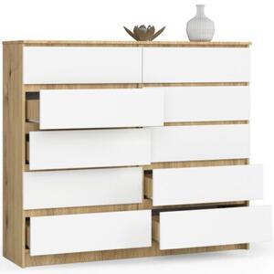 Komoda do sypialni, STILO, 10 szuflad, 140x40x121 cm, dąb artisan, biel, mat | TYLETEGOTU