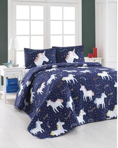 Zestaw pikowanej narzuty na łóżko i 2 poszewek na poduszki Eponj Home Magic Unicorn Dark Blue, 200x220 cm