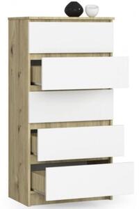 Komoda do sypialni, 5 szuflad, STILO, 60x40x121 cm, dąb artisan, biel, mat | TYLETEGOTU