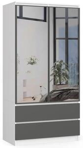 Szafa do sypialni, 2 szuflady, lustro, DORMI, 90x51x180 cm, biel, grafit, mat | TYLETEGOTU