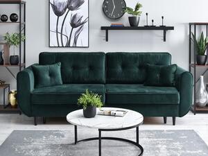 Elegancka sofa welurowa blink butelkowa zieleń rozkładana z pikowanymi poduchami