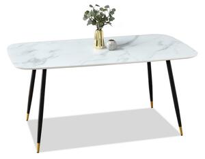 Nowoczesny stół z marmurowym blatem lorenzo biały na czarnych nogach ze złotymi stopkami do jadalni