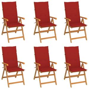 Krzesła ogrodowe, 6 szt., czerwone poduszki, drewno tekowe