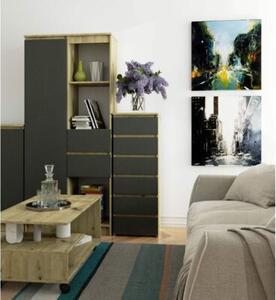 Wąska komoda do salonu, STILO, 40x35x109 cm, dąb artisan, grafit szary, mat | TYLETEGOTU